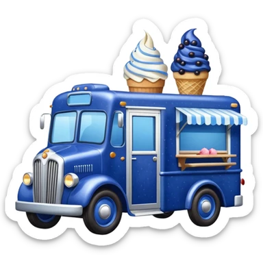 shiny-dark-blue crystal-bodied frozen blueberry muffin, pie, and ice cream, antique long-wheelbase cab over durable-looking food truck  sticker