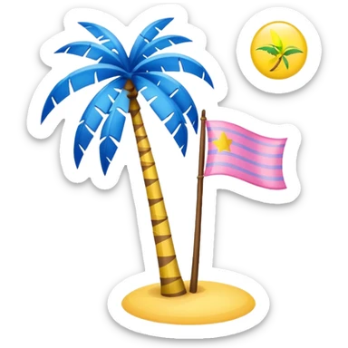 A pink flag on the sides two small blue triangles In the middle a pink palm tree coming out of the sides  yellow circle with two thick yellow stripes sticker