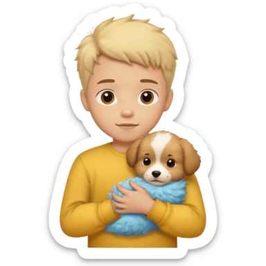 ["Light-skinned boy in yellow shirt, cradling a puppy."] sticker
