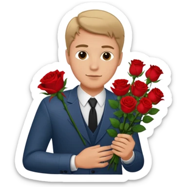 Un homme blanc brun pas en costard qui tien un bouquet de roses dans la main sticker