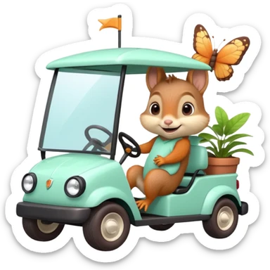 High-quality 3D Pixar-style mint green golf cart speeding in bright courtyard, driven by a super-cute smiling baby squirrel, glossy fur, big eyes, vibrant colors, smooth shading, butterflies, potted plants, bright daylight. sticker