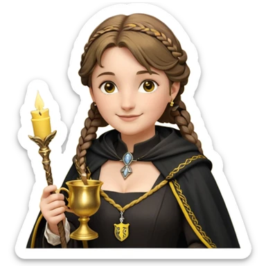 Helga Hufflepuff,the Hogwarts founder of Hufflepuff,brown-haired,2braids,yellow-black medieval dress with black cloak decorated with gold braiding,flickering magic wand and tiny two-handled shiny gold cup engraved with the badger silhouette,very kind smile,curvy busty sweet sticker