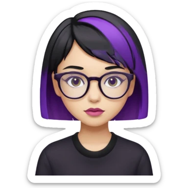 chica bonita con ligero cabello negro con rayas moradas que llega hasta los hombros con lentes cuadrados de estatura pequeña con ropa negra sticker