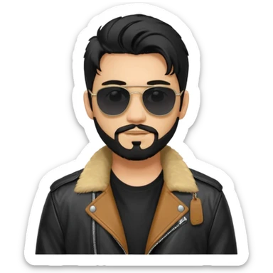 generate an ios genmoji of a 20 year old tan boy with black sunglasses, long black hair till his shoulders. Wearing a leather jacket. Has a dyed blonde beard sticker