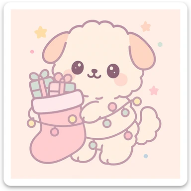 kawaii style fluffy puppy holding a Christmas stocking full of gifts, tangled in fairy lights sticker