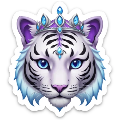 ESO Female white/black tiger khajiit leader of the umbral rose, glowing blue eyes, glowing blue 'third eye' gem; beautiful desined purple gemmed silver tiara sticker