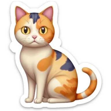 full body colourful calico cat with skinny head and fat body with an anxious face sticker