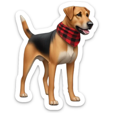 adult 75% Coonhound 25% German Shepherd mix dog with visible tail wearing small pointed red buffalo plaid bandana full body walking left sticker