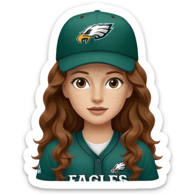 White girl with long brown wavy hair and freckles wearring a Philadelphia eagles jersey and baseball hat sticker