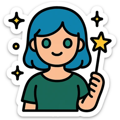 beautiful girl with blue hair and green eyes, holding a magic wand, wearing dark green dress, magical sparkles around, icon style sticker