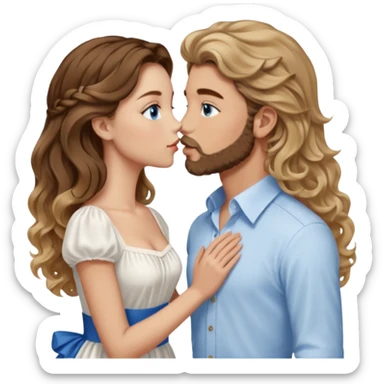A girl with very long  balayage brown & blond curls kissing a boy with brown hair and a short beard. She wears a very elegant dress in white and he wears a shirt. They both have blue eyes and looking at each other  sticker