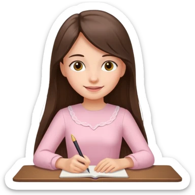 pretty smiling long brunette hair girl with hazel eyes wearing light pink dress writing sticker