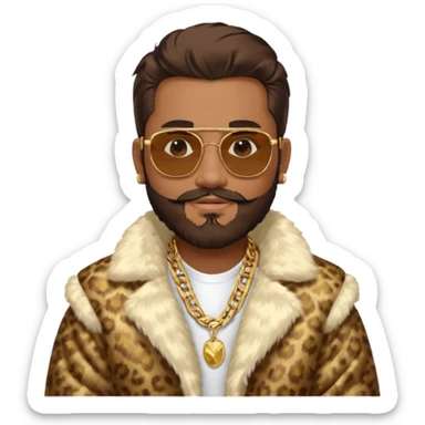 émoji homme barbu, cheveux bruns plaqués collés au crane avec raie au milieu, grosses lunettes de soleil rectangulaires à grosse branches, gros bijoux en or (chaine, montre,) manteau de fourrure très fluffy sur les épaules sourire en coin, boucles d'oreilles sticker