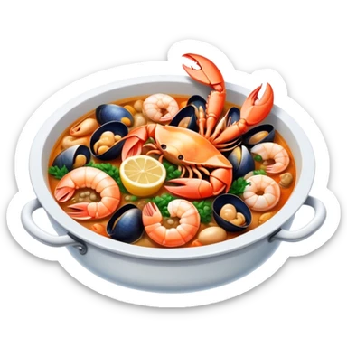 Cinematic Realistic Buzara Seafood Dish Emoji, depicted as a rustic, flavorful seafood stew with shellfish rendered with rich textures and dynamic, maritime lighting. sticker