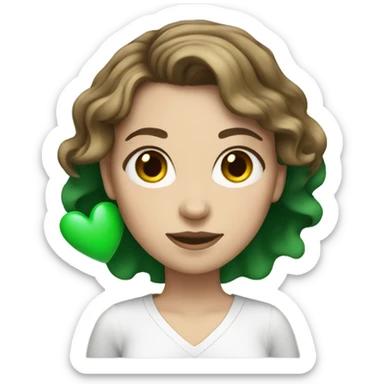 White girl with short wavy brown hair holding green heart sticker
