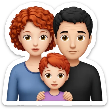 a family of three, all three white: the mother with short, curly red hair, the father with black hair, and the daughter with black hair. sticker