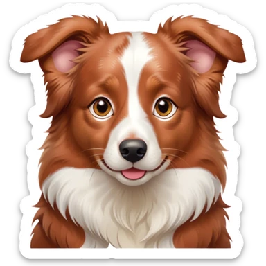 Cinematic Cute Red Merle Australian Shepherd Portrait Emoji, Head tilted playfully and inquisitively, soft red merle fur with delicate white markings, round, sparkling amber eyes filled with curiosity, Simplified yet irresistibly adorable features, highly detailed, glowing with a warm, friendly glow, high shine, affectionate and lively, stylized with a touch of whimsy, bright and endearing, soft glowing outline, capturing the essence of a mischievous yet loving pup, so playful it feels like it could bound out of the screen and into your arms! sticker