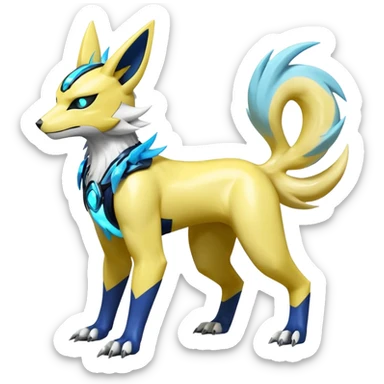Shiny cyan glossy sparkly feral smooth soft yellow white electric complex futuristic white-cyber-masked Zeraora-Renamon-Electrike-Umbreon-Lombax-Weregarurumon-fusion-creature (full body sticker
