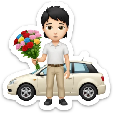 generate a pretty fair bratz boy with a messy mullet (black hair), wearing a white polo.  carrying a bouquet made of money. expensive car behind him sticker
