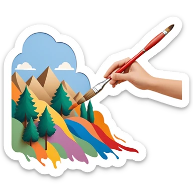 Create an icon that represents the hobby of wall painting, featuring a wall with a beautiful painting in progress. The design should include a paintbrush, a roller, and part of the wall decorated with colorful patterns or a mural. The icon should show the process of creating the artwork, with the brush strokes visible on the wall, symbolizing the artistic nature of the craft. The composition should be balanced and harmonious, evoking creativity and skill. The background should be transparent. sticker