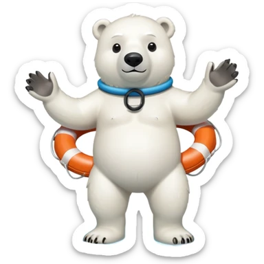 full body friendly anthropomorphised polar bear wearing swim suit and scuba goggles holding life buoy standing in puddle sticker