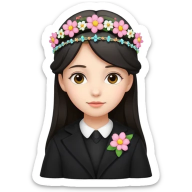 cute beautiful girl wearing black coat law student dress code with flower tiara on head sticker
