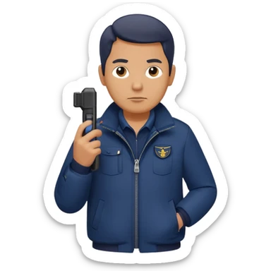 Security, Middle-aged, wearing navy blue jacket, serious facial expression, holding walkie-talkie, full body sticker