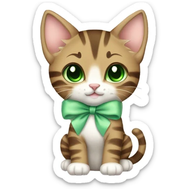 extremely cute kawaii brown tabby kitten with green eyes and pastel green bow full body sticker
