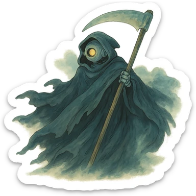 ghibli style AI robot as the Grim Reaper with flowing cloak, ethereal atmosphere, holding a scythe sticker