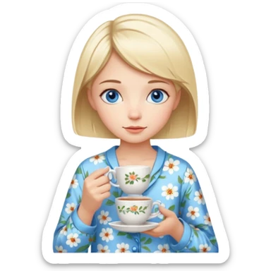 Blue eyed girl with short blond hair in floral pijamas is holding a cup of tea sticker