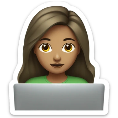 fair girl working on laptop designing website brunette green top sticker