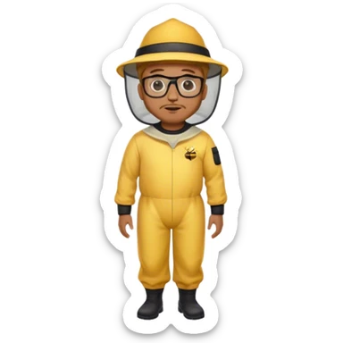 full body medium plus size male bee keeper in yellow and black with short light strawberry blonde hair and goatee wearing glasses with bee keeper hat sticker