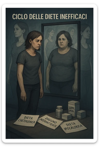 Donna tra i 30 e i 40 anni, in piedi davanti a uno specchio, con espressione delusa e stanca. Accanto a lei, sul pavimento, scatole di integratori, foglietti con scritte tipo 'Dieta chetogenica', 'Digiuno intermittente', 'Dieta ipocalorica'. Riflesso nello specchio mostra una versione di sé con peso aumentato, come se fosse tornata indietro nel tempo. Attorno a lei, immagini sbiadite o sovrapposte di sé in passato, quando era dimagrita. Atmosfera emotiva, simbolica, con luce fredda e sfumature di frustrazione. Messaggio visivo forte: 'ciclo delle diete inefficaci' in italiano sticker