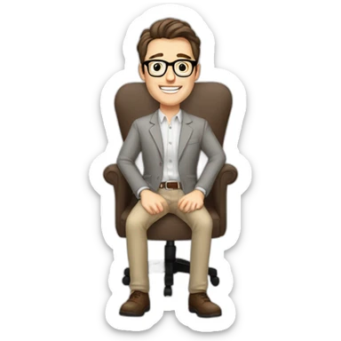 Joyful Pale skinned Fit Man With dark brown hair in gray jacket, beige office shirt, Brown pants and vintage glasses sitting In a soft chair. His thrumbs up sticker