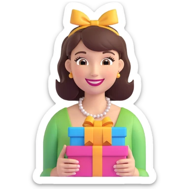 3D emoji of a smiling, feminine face with big eyelashes, no body, colorful and friendly, romantic style, with feminine accessories, motif: gift, transparent background sticker