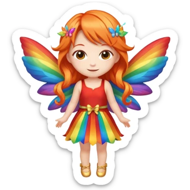 fairy with long orange hair, rainbow wings, red dress, happy, chibi full body sticker