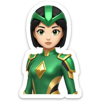 wasian girl in a green Power Ranger suit, black straight hair, black eyes sticker
