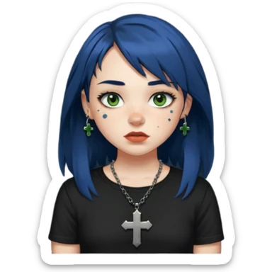 “Make an emoji of a girl with freckles on her cheeks, dark blue hair, greenish-brown eyes (more on the green side), black clothes, medium-sized lips, side curtain bangs, a punk cross necklace, and an Affliction shirt. sticker