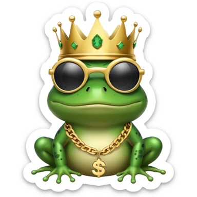 gangster frog wearing a gold crown, cool sunglasses, gold chain, dollar sign chain sticker