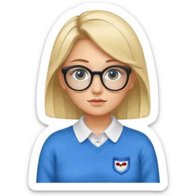 ragazza bionda vestita con camicia e maglione, con occhiali, occhi azzurri che è seduta al pc portatile sticker