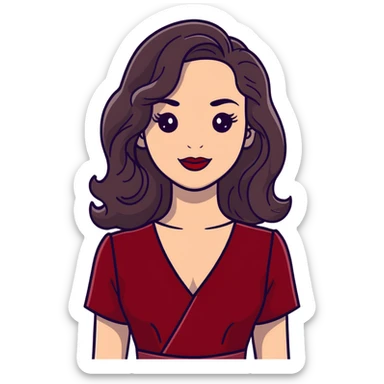 Elegant high-profile woman with glowing fair skin, long dark straight hair with soft waves, large dark eyes with dramatic makeup, defined eyebrows, full red lipstick, wearing wine red velvet dress with V-neckline, glamorous confident smile sticker
