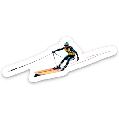 An icon showing water skis on the surface of the water, with ski ropes trailing behind. In the background, a boat fades into the distance, leaving a wake. The focus is on the skis gliding across the water. Transparent background highlights the thrill and speed of water skiing. sticker