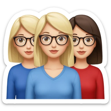 triplet girls, one blonde, one brunette, one brunette with glasses sticker