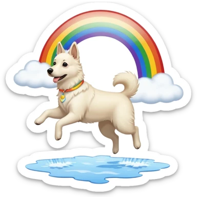 White belgian Shepard jumping over Rain puddles. There is a rainbow in the sky sticker
