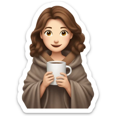 A cozy, heartwarming illustration of a beautiful girl with fair skin and brown hair, sitting comfortably under a soft blanket. She is holding a steaming cup of coffee with both hands, exuding warmth and relaxation. sticker