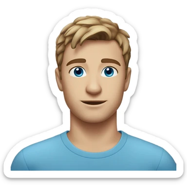 A head and shoulders shot of a 23 year old Caucasian man, with short brown hair,   with blue eyes wearing a t-shirt. sticker