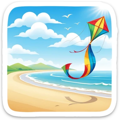 A colorful kite soaring high in the sky on a sunny day, with a long, flowing tail trailing behind. The background features an open field or beach, capturing the joy and freedom of flying kites, with gentle winds and a peaceful atmosphere. sticker