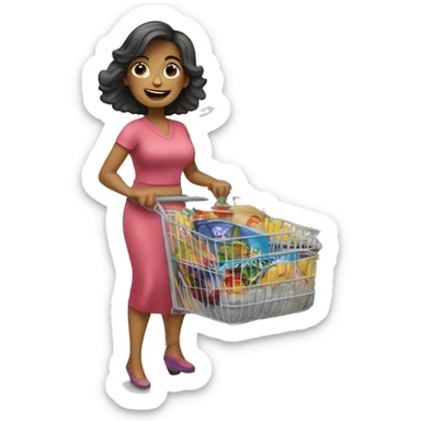 mujer hermosa llevando carro de compras lleno de productos de supermercado sticker