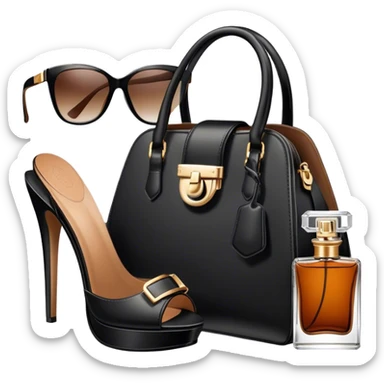 A photorealistic icon featuring stylish fashion accessories like high heels, a designer handbag, sunglasses, and a perfume bottle, arranged elegantly. Soft, luxurious colors with detailed textures and lighting that convey beauty and style. Transparent background, symbolizing fashion and beauty. sticker