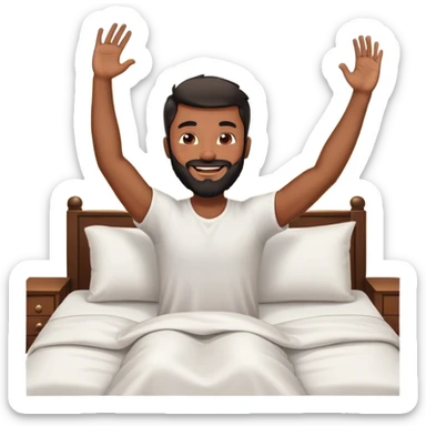 brown black beard happy man waking up out of bed stretching arms with sunshine in the back sticker